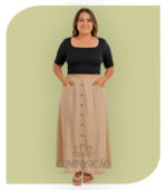 Saia Longa Evasê com Botões Frontais e Bolsos