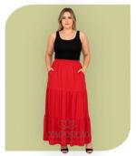 Saia Longa de Babados e Cós Elástico - Vermelho Vivo