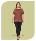 Blusa Plus Size Marrom Escuro com Aplique de Brilho nas Mangas