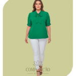 Blusa Plus Size Elegance Gola Laço Verde Esmeralda