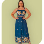 Conjunto Plus Size Cropped e Saia Longa Floral Azul Marinho