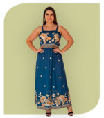 Conjunto Plus Size Cropped e Saia Longa Floral Azul Marinho