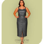 Conjunto Blusa e Saia Midi Plus Size em Courino (Cor Grafite)