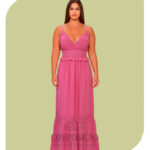 Vestido Longo Alça Fina em Rosa Chic com Renda (Plus Size)