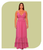 Vestido Longo Alça Fina em Rosa Chic com Renda (Plus Size)