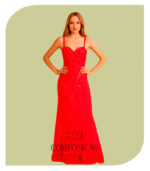 Vestido de Festa em Tule Bordado e Renda - Vermelho Rubi