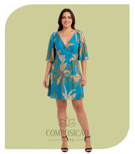 Vestido Curto Estampado com Decote V e Mangas 3/4