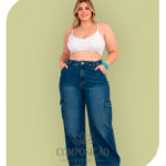 Calça Wide Leg Cargo Denim - Azul Médio Estonado