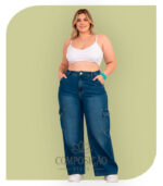 Calça Wide Leg Cargo Denim - Azul Médio Estonado