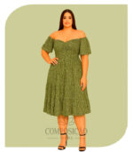 Vestido Midi Ciganinha Estampado Plus Size (Cor Verde Folhagem)